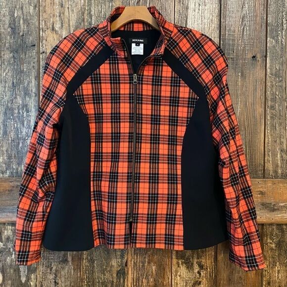 Mikane Sz 14 Red Buffalo Plaid Zip Up Sporty Collared Black Trim Jacket - Picture 2 of 9